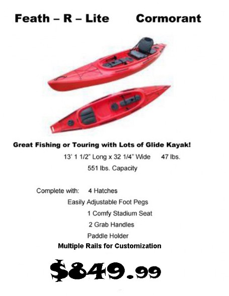 Feath-R-Lite Cormorant Fishing Kayak stadium seat 4 hatches rails adjustable foot pegs 13'1 1/2 Long 34 1/4" wide 551 Lbs capacity