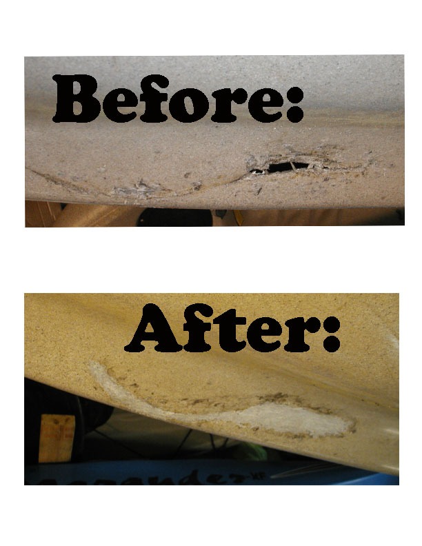 Before and after picture of kayak plastic welding All Wet Sports can weld almost any Kayak with a hole or crack in it